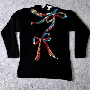 Dividends‎ Black Bow Sequin Angora Blend Holiday Sweater Womens Large